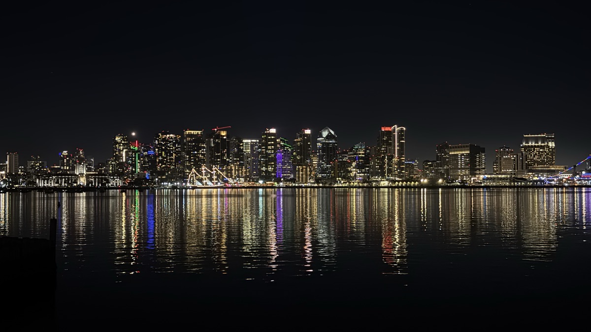 San Diego skyline at night reflected in the bay